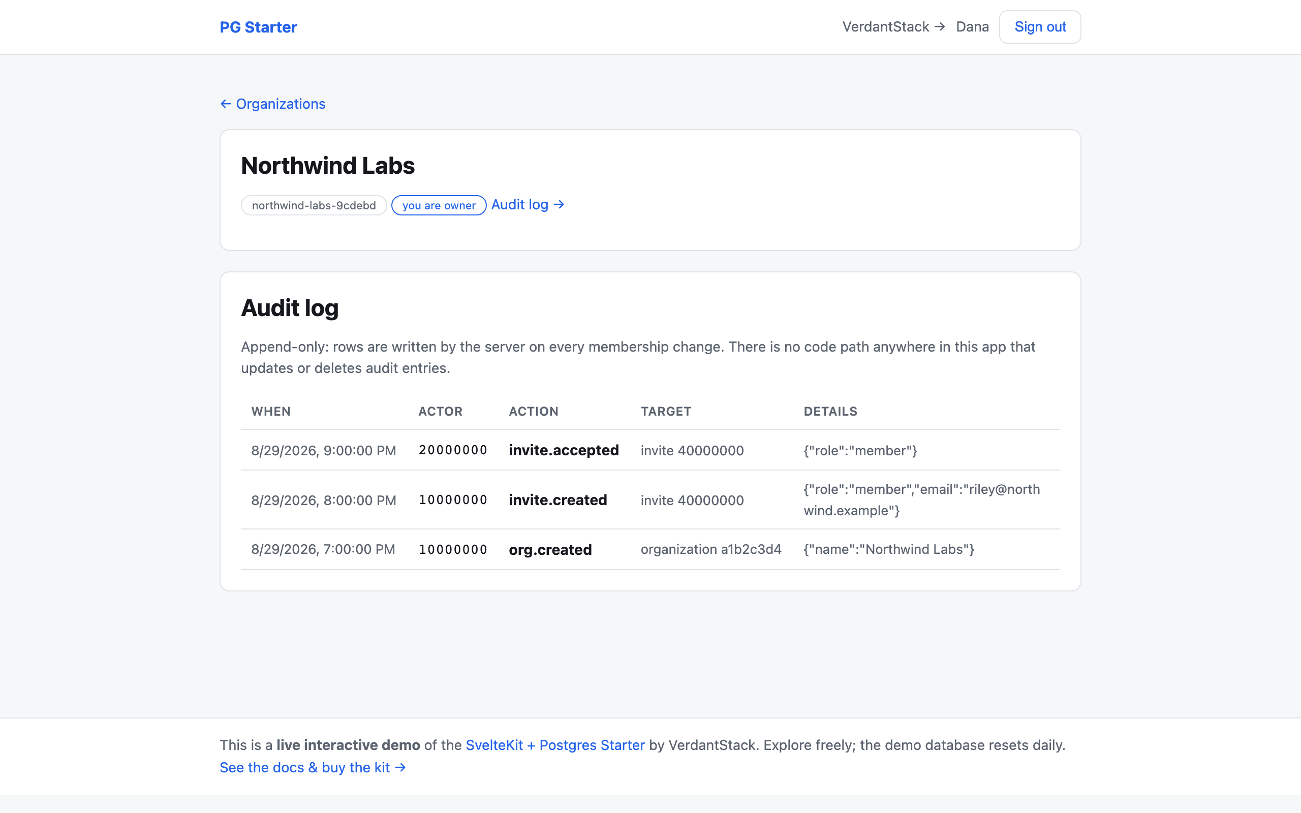 Live demo: append-only org audit log